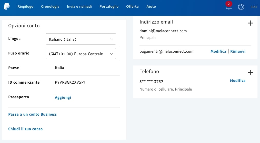trovare id commerciante paypal