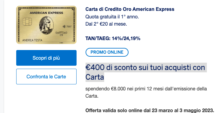 Promozione €400 di sconto sui tuoi acquisti con Carta American Express
